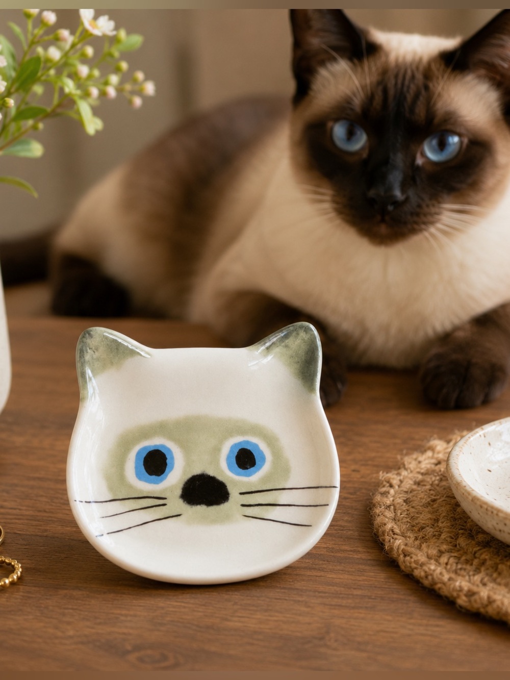 Ecoute! Minette Blue-Eyed Cat Face Ceramic Trinket Dish Ring Holder